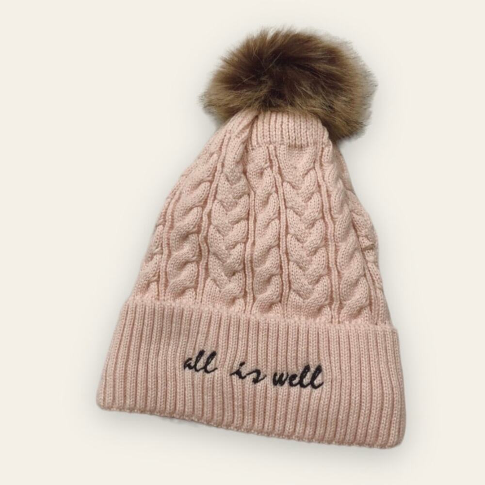 UpTop All Is Well Embroidered Beanie Hat with Pom Pom